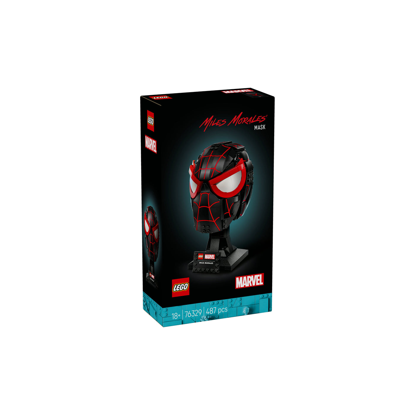 Maschera di Miles Morales visione con prospettiva laterale della scatola del set lego