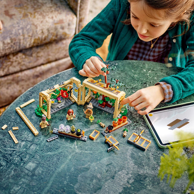 Castello di Hogwarts: lezione di erbologia fotografia dall'alto del set lego in costruzione