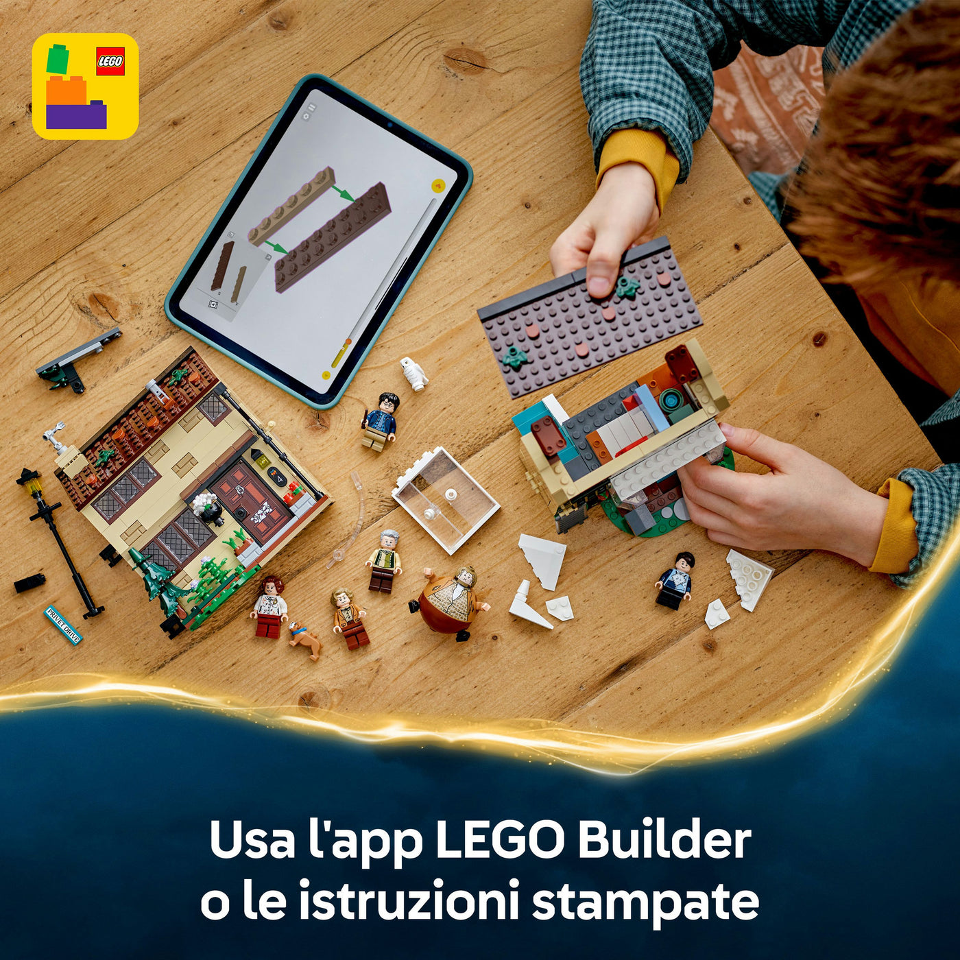 Privet Drive: la visita di zia Marge fotografia dall'alto del set lego in costruzione "Usa l'app LEGO Builder o le istruzioni stampate"