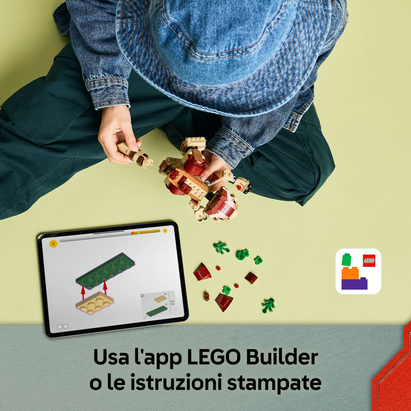 Dinosauro cucciolo Dolores: Aquilops fotografia dall'alto del set lego in costruzione "Usa l'app LEGO Builder o le istruzioni stampate"