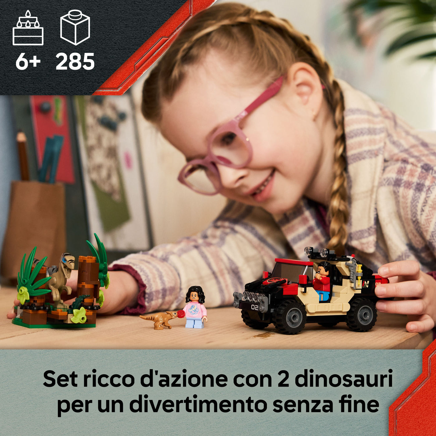 Fuga dal Raptor sul fuoristrada fotografia promozionale "Set ricco d'azione con 2 dinosauri per un divertimento senza fine"