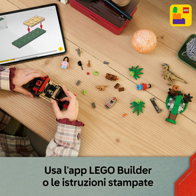 Fuga dal Raptor sul fuoristrada fotografia dall'alto del set lego in costruzione "Usa l'app LEGO Builder o le istruzioi stampate"