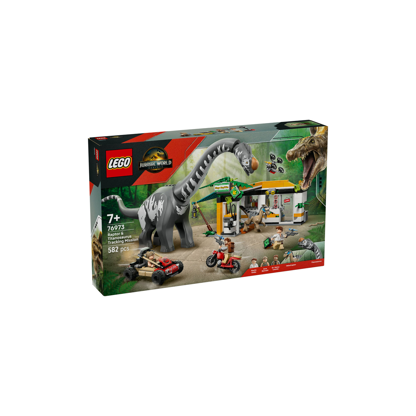 Alla ricerca del Raptor e del Titanosauro visione con prospettiva laterale della scatola del set lego