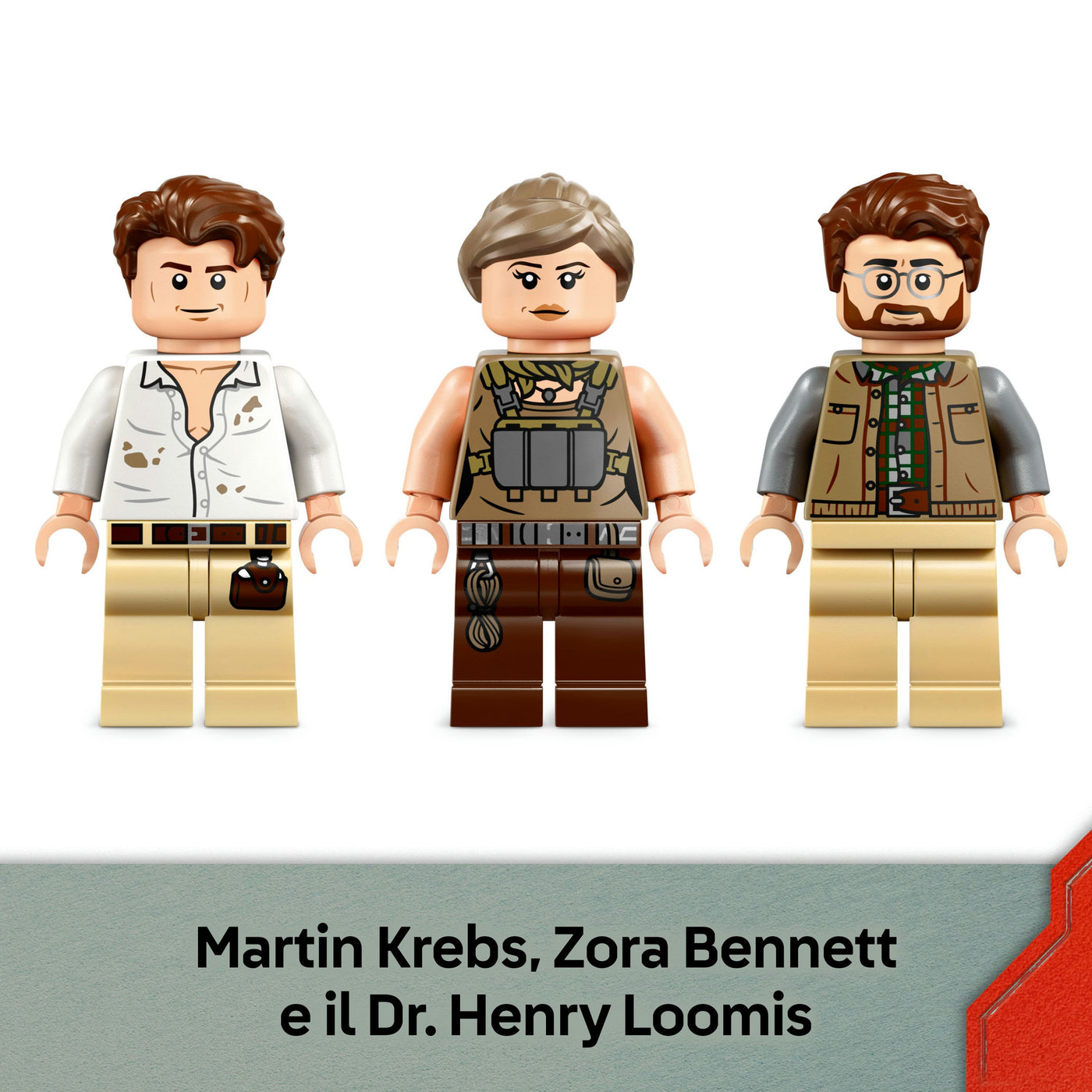 Alla ricerca del Raptor e del Titanosauro visione dettaglio minifigure incluse nel set lego