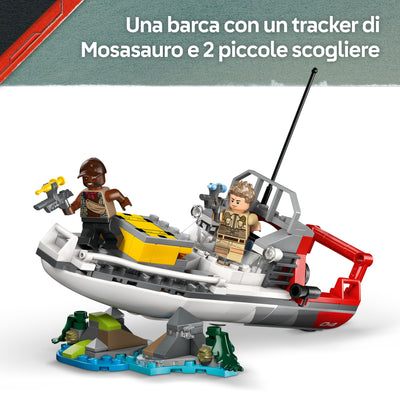L’attacco del Mosasauro in mattoncini fotografia promozionale "Una barca con un tracker di Mosasauro e 2 piccole scogliere"