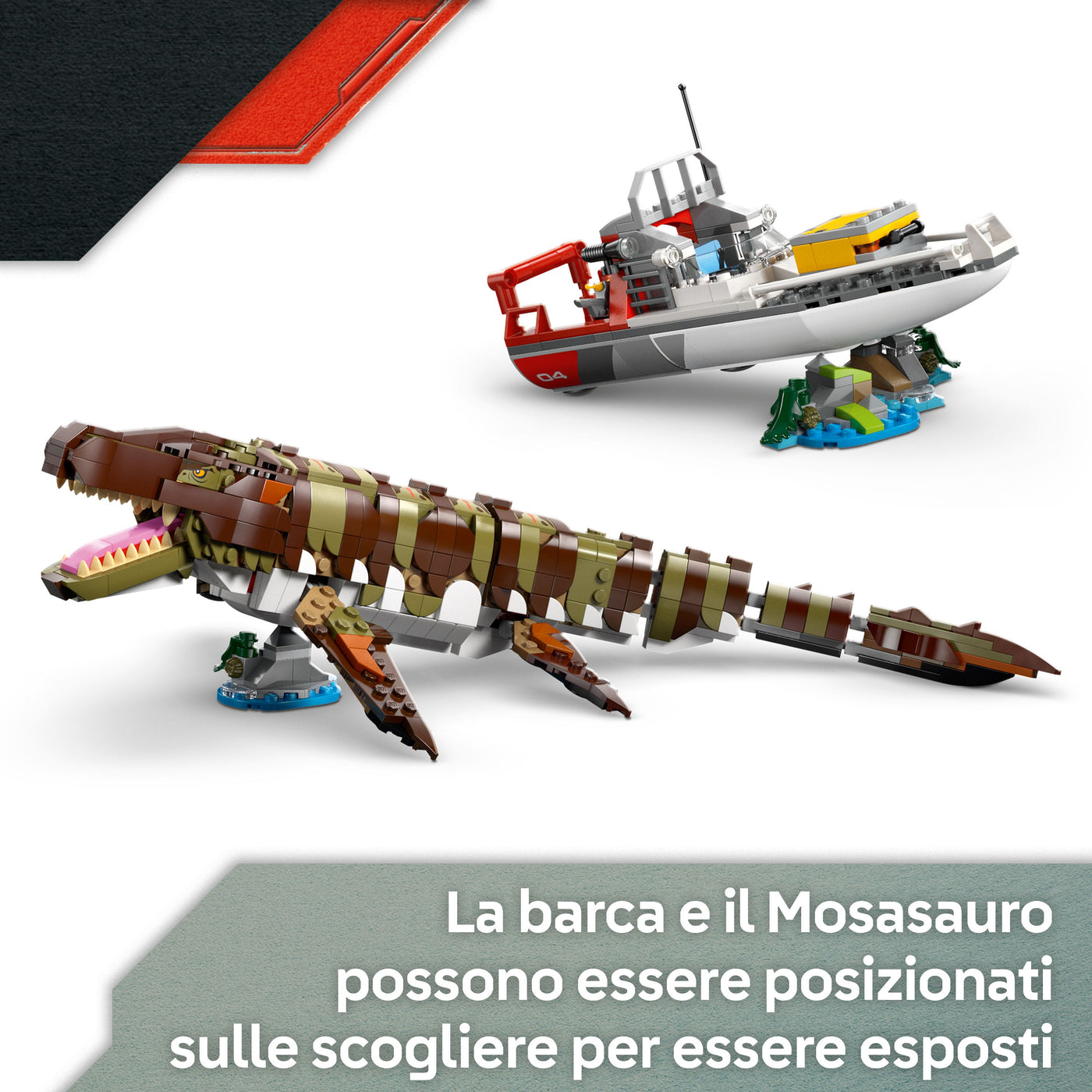L’attacco del Mosasauro in mattoncini visione dettaglio "La barda e il Mosasauro possono essere posizionati sulle scogliere per essere esposti