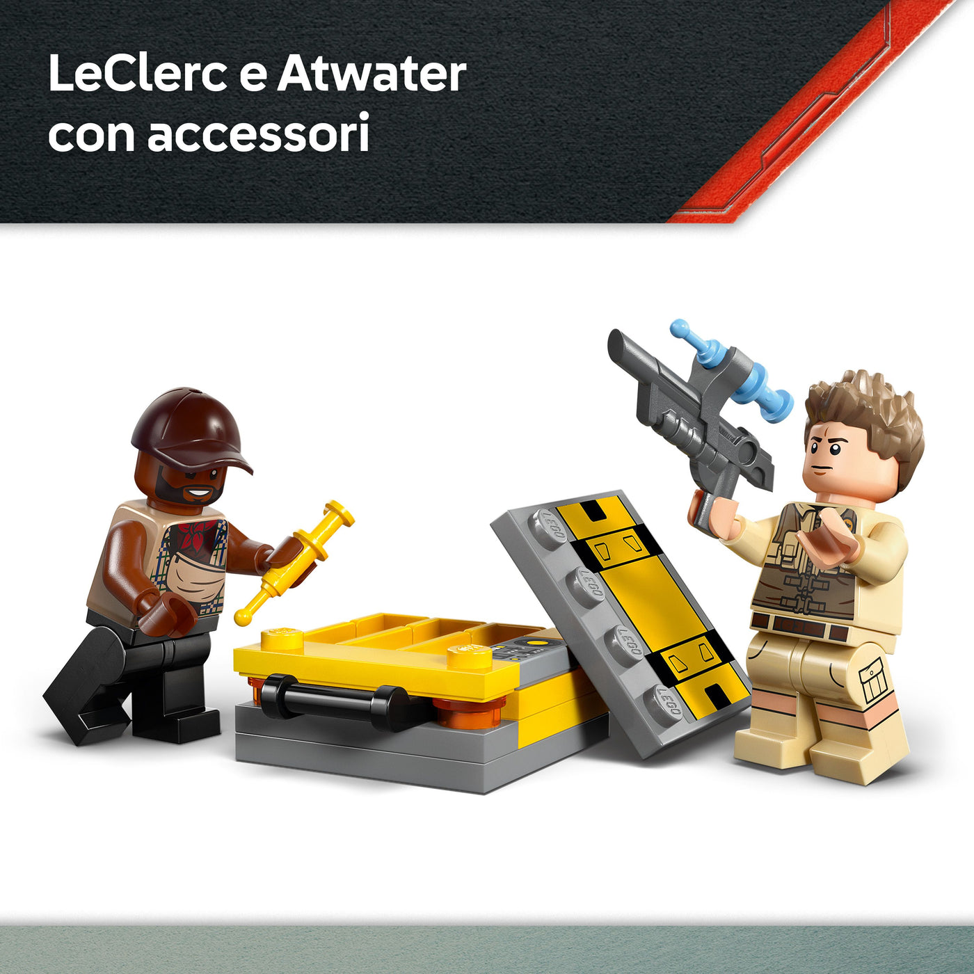L’attacco del Mosasauro in mattoncini visione dettaglio minifigure incluse nel set lego