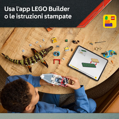 L’attacco del Mosasauro in mattoncini fotografia dall'alto del set lego in costruzione "Usa l'app LEGO Builder o le istruzioni stampate"