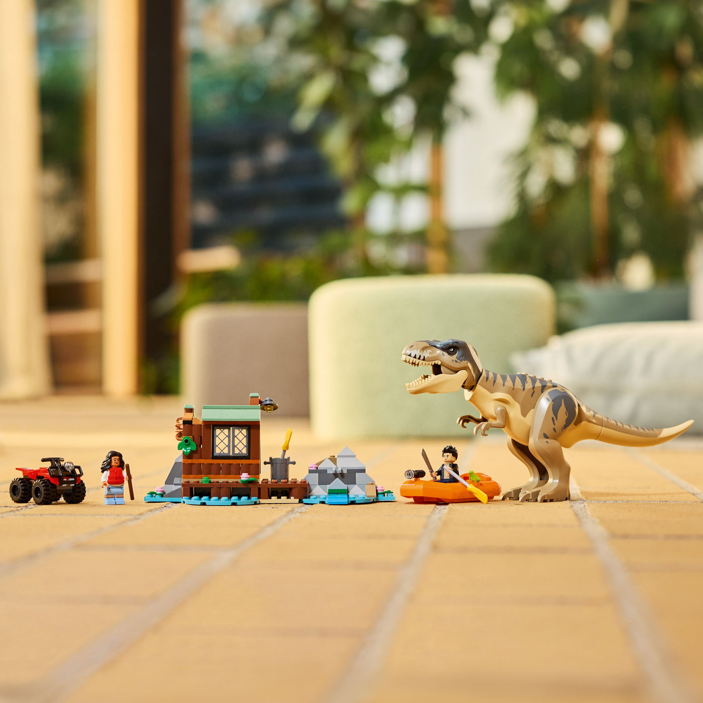 Fuga sul fiume dal T. rex fotografia del set lego con disposizione orizzontale