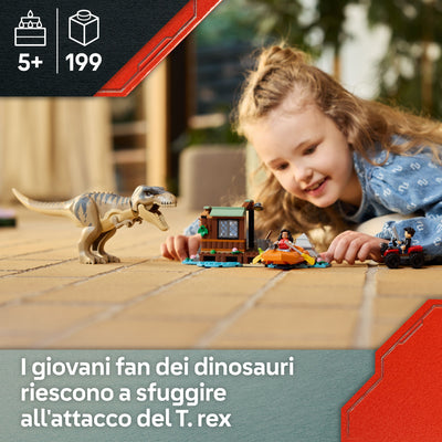 Fuga sul fiume dal T. rex fotografia promozionale "I giovani fan dei dinosauri riescono a fuggire all'attacco del T.rex"