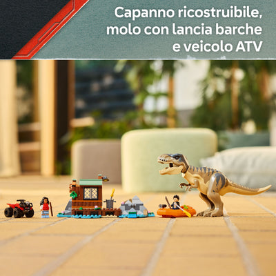 Fuga sul fiume dal T. rex fotografia promozionale "Capanno ricostruibile, molo con lancia barche e veicolo ATV"