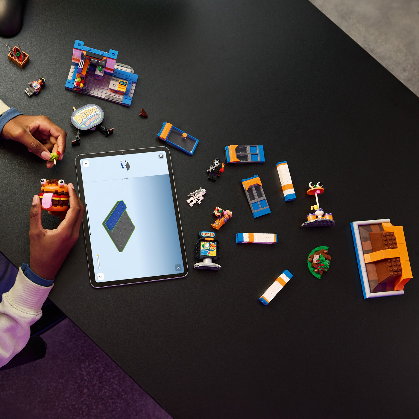 Ristorante di Durrr Burger fotografia dall'alto del set lego in costruzione
