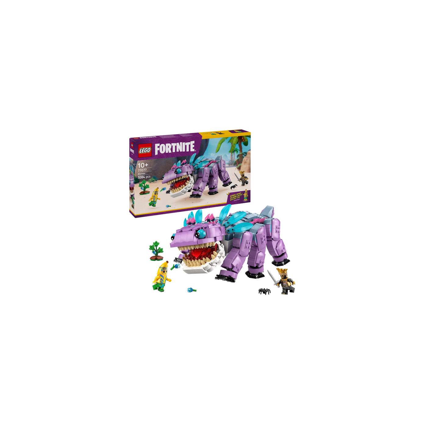 Klombo visione con prospettiva laterale del set lego costruito con scatola