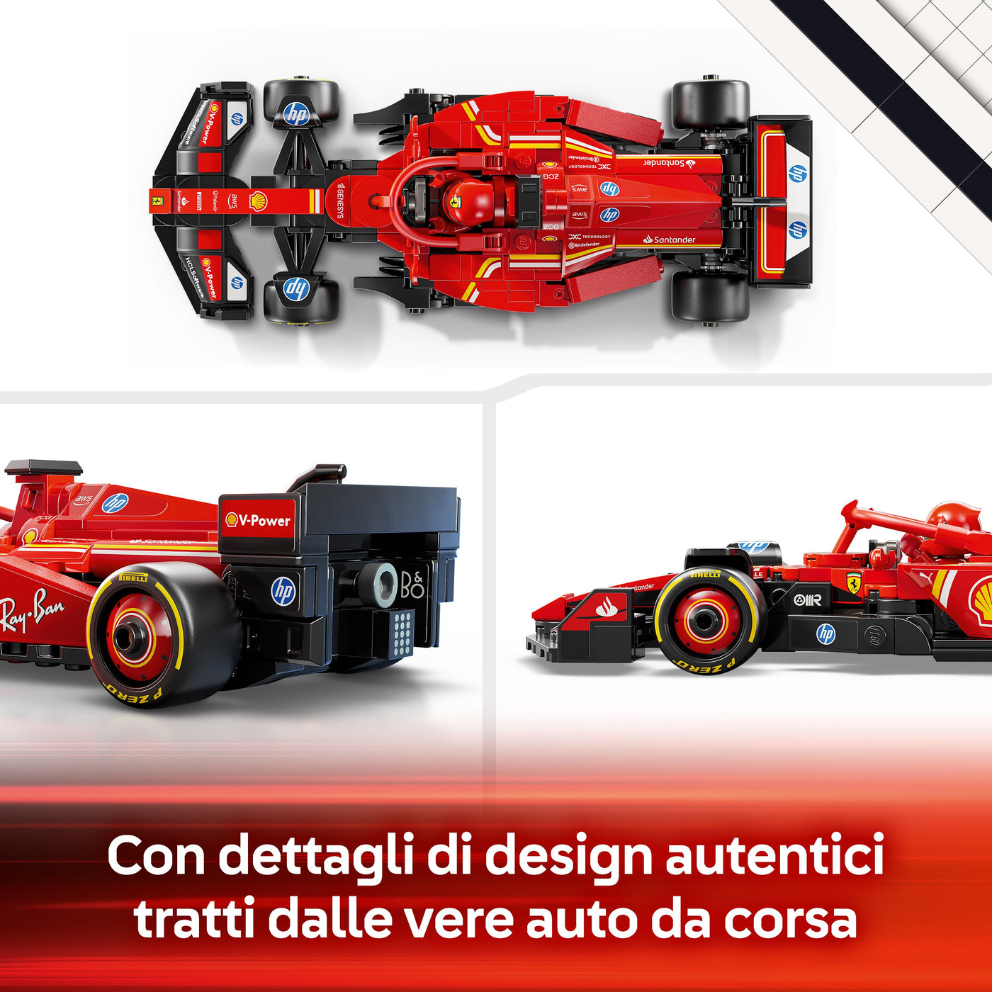 Auto da corsa F1® Ferrari SF-24 visione dettagli di design realistico del set lego