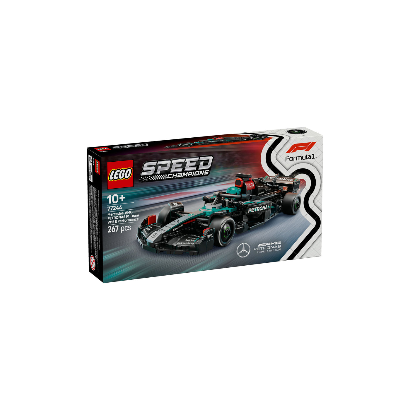 Auto da corsa Mercedes-AMG F1® W15 visione con prospettiva laterale della scatola del set lego