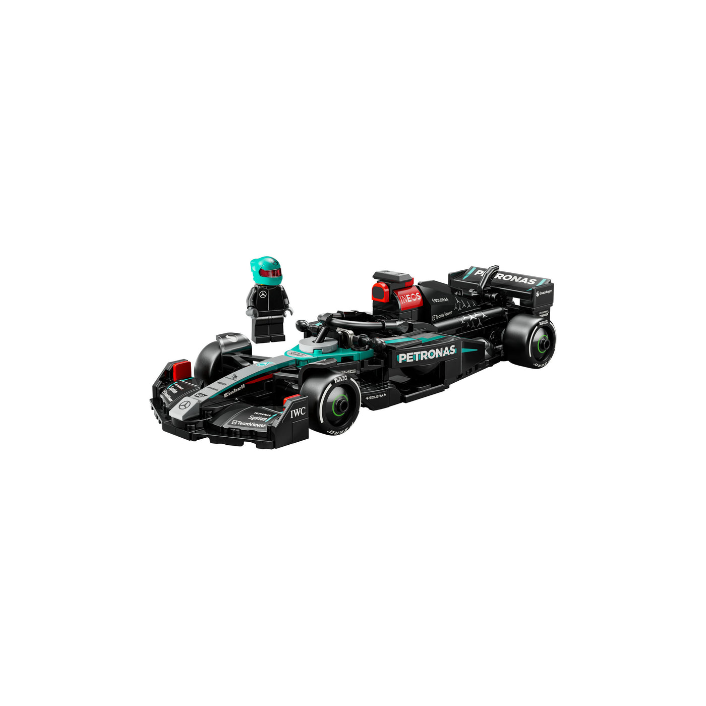 Auto da corsa Mercedes-AMG F1® W15 visione con prospettiva laterale del set lego costruito