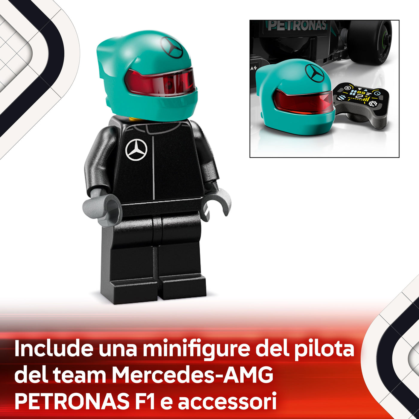Auto da corsa Mercedes-AMG F1® W15 visione dettaglio minifigure inclusa nel set lego