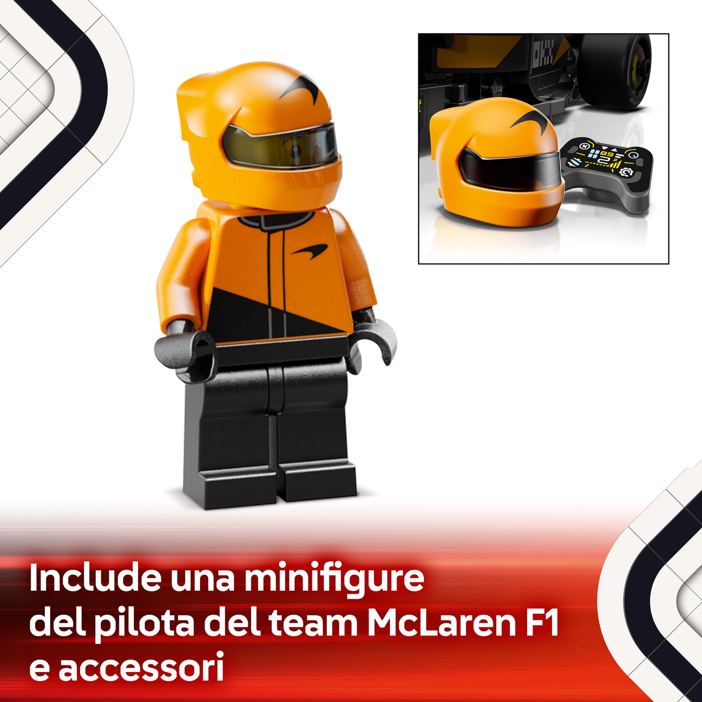 Auto da corsa McLaren F1® Team MCL38 visione dettaglio minifigure inclusa nel set lego