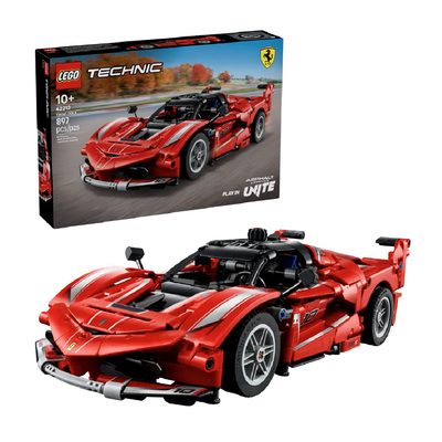 Ferrari FXX K visione con prospettiva laterale del set lego costruito con scatola di sfondo