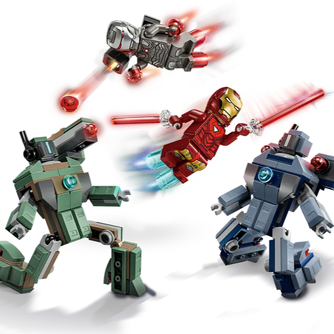 Iron Man e War Machine contro i droni di Hammer visione dinamica del set lego