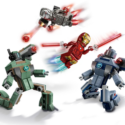 Iron Man e War Machine contro i droni di Hammer visione dinamica del set lego