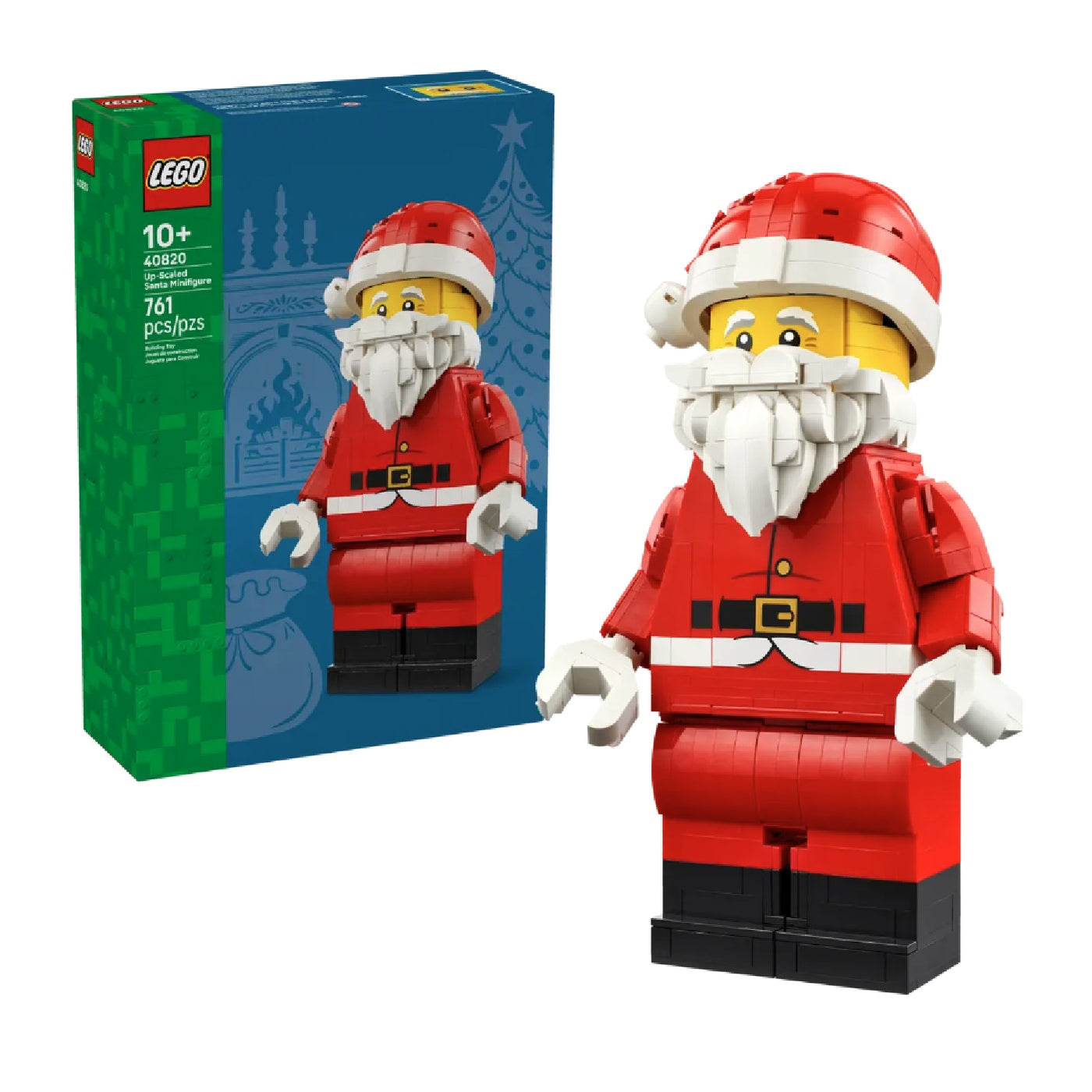 Grande minifigure di Babbo Natale visione con prospettiva laterale del set lego costruito e della scatola