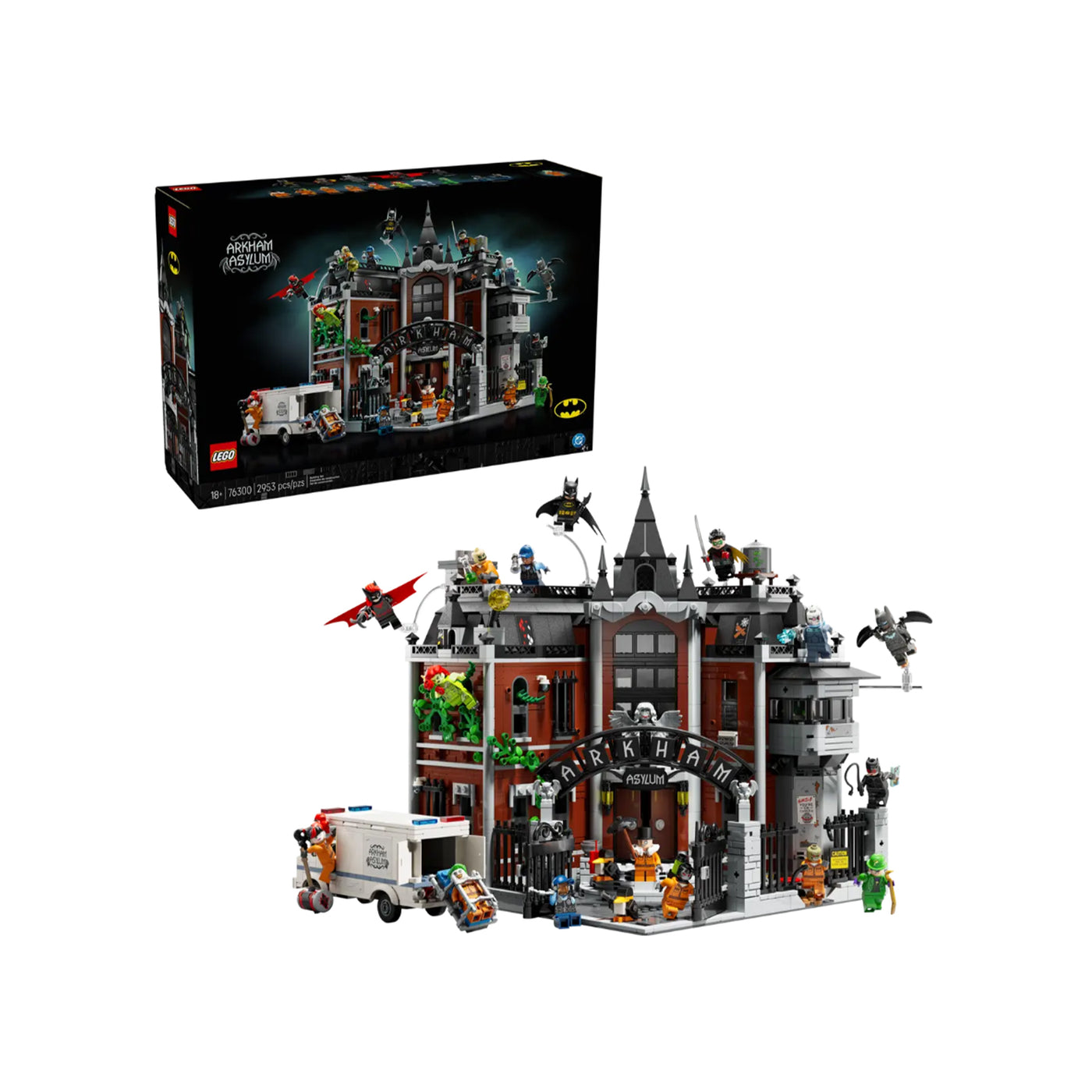Arkham Asylum™ visione frontale del set lego costruito con scatola del set di sfondo