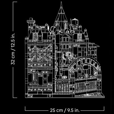Arkham Asylum™ visione progetto disegnato bianco su nero con misure del set lego