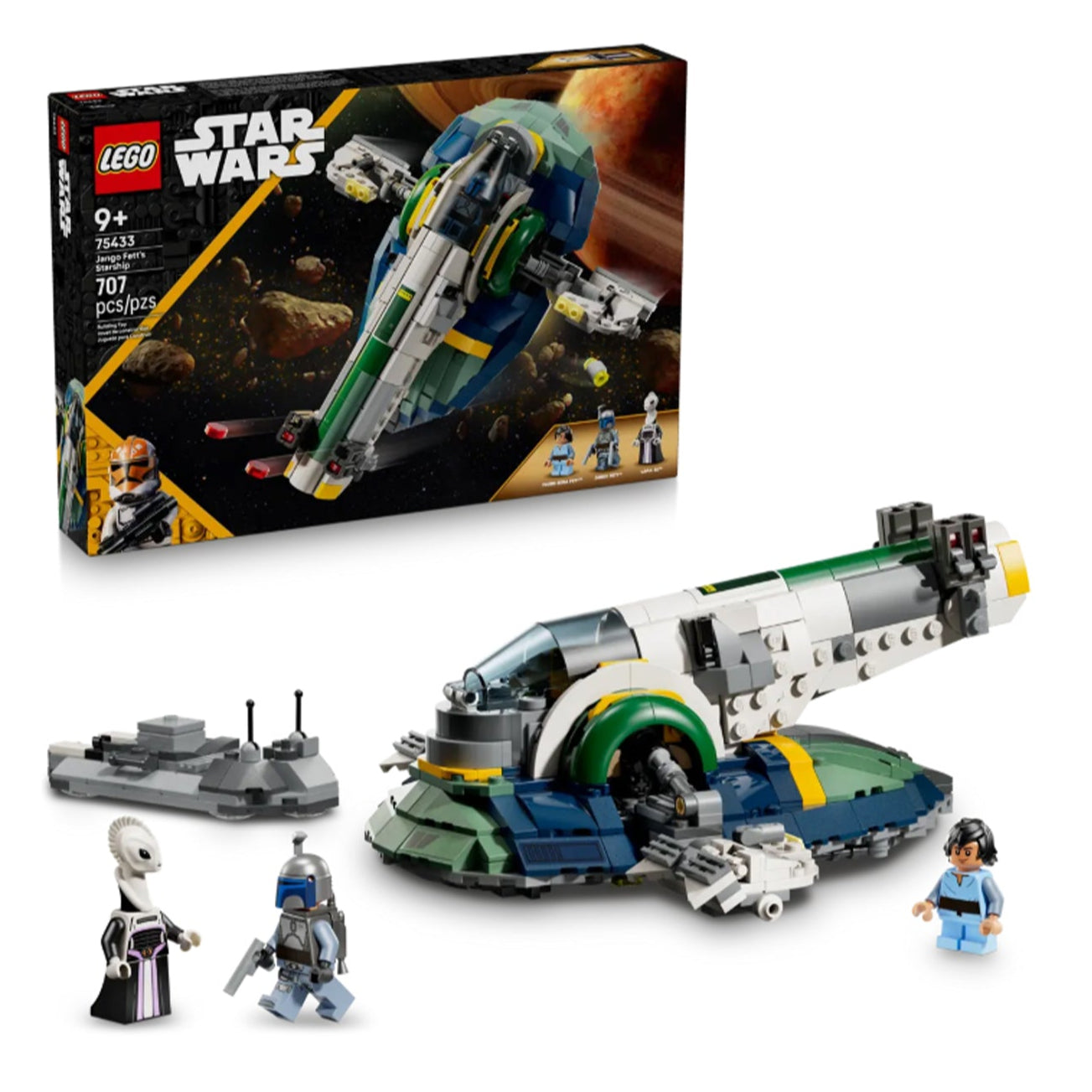 Astronave di Jango Fett visione con prospettiva laterale del set lego costruito con scatola di sfondo