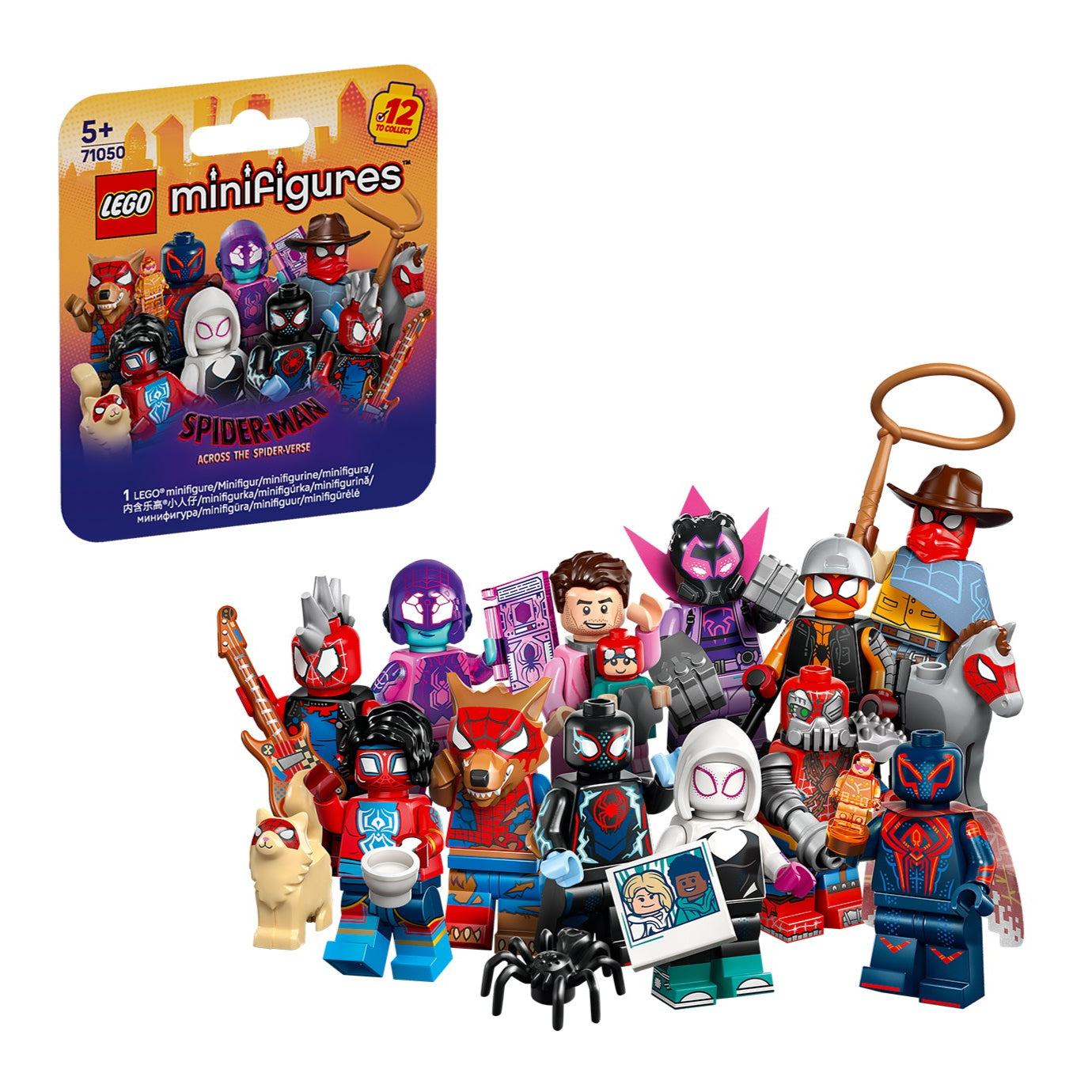 Spider-Man: Across the Spider-Verse visione con prospettiva laterale della scatola del set e frontale delle minifigures che si possono trovare nei pacchetti