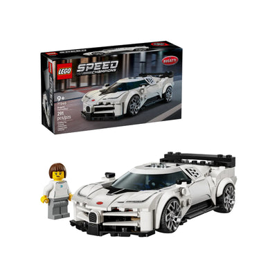 Hyper Sports Car Bugatti Centodieci visione con prospettiva laterale del set lego costruito e della scatola di confezionamento