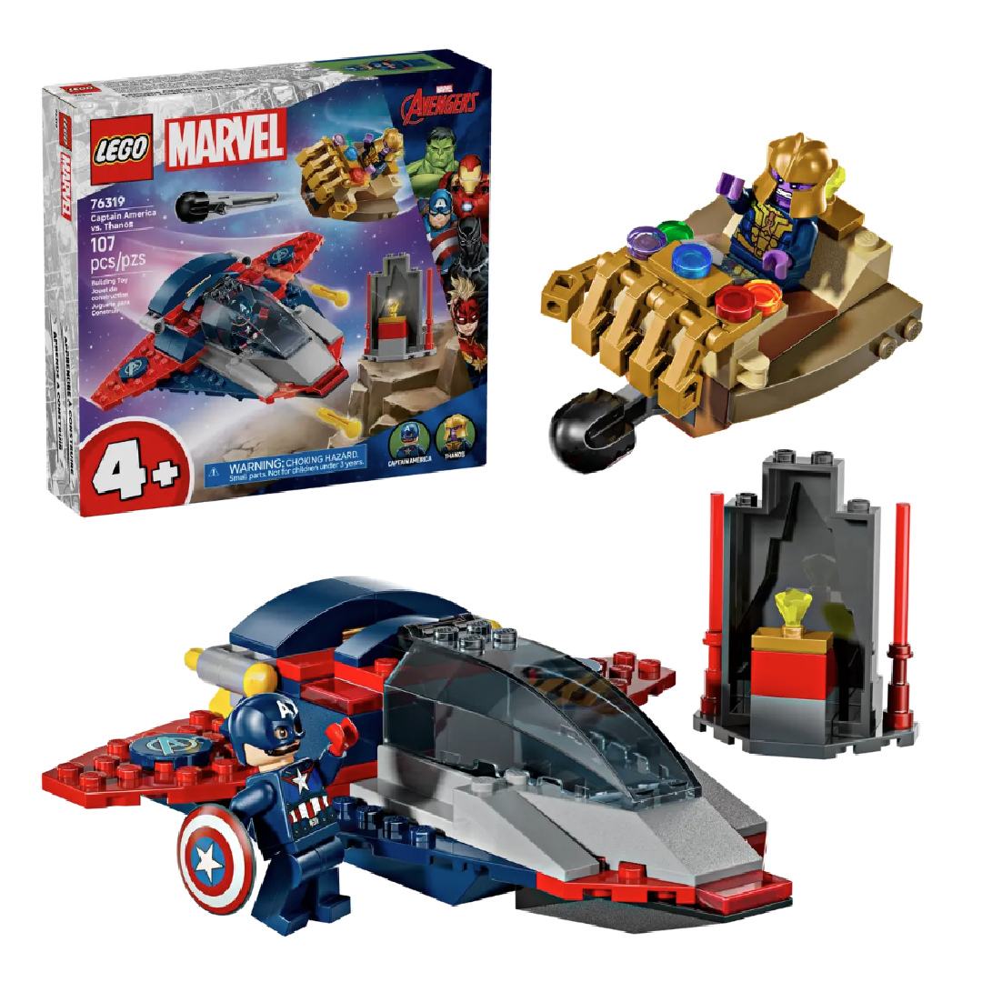 Captain America contro Thanos visione con prospettiva laterale del set lego completo con scatola di sfondo
