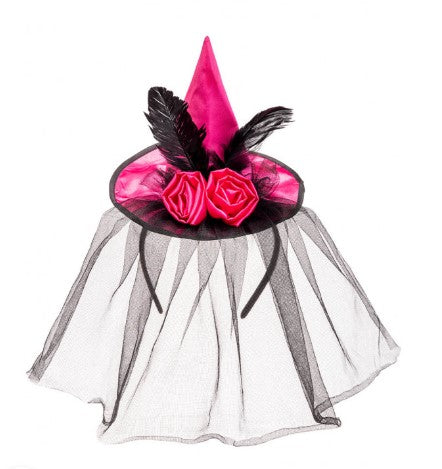 Cappellino In Raso Fucsia con Rosa, Piume e Veletta