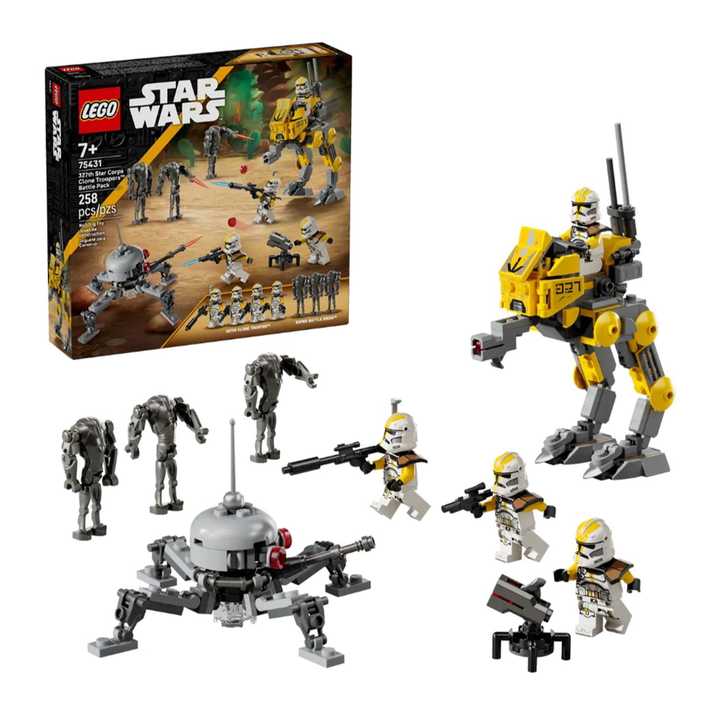 Battle Pack 327° Star Corps di Clone Troopers™ visione con prospettiva laterale del set lego costruito e scatola di sfondo