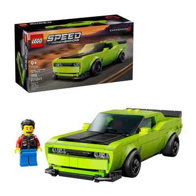 Sports Car Dodge Challenger SRT Hellcat visione con prospettiva laterale del set lego costruito con scatola di sfondo