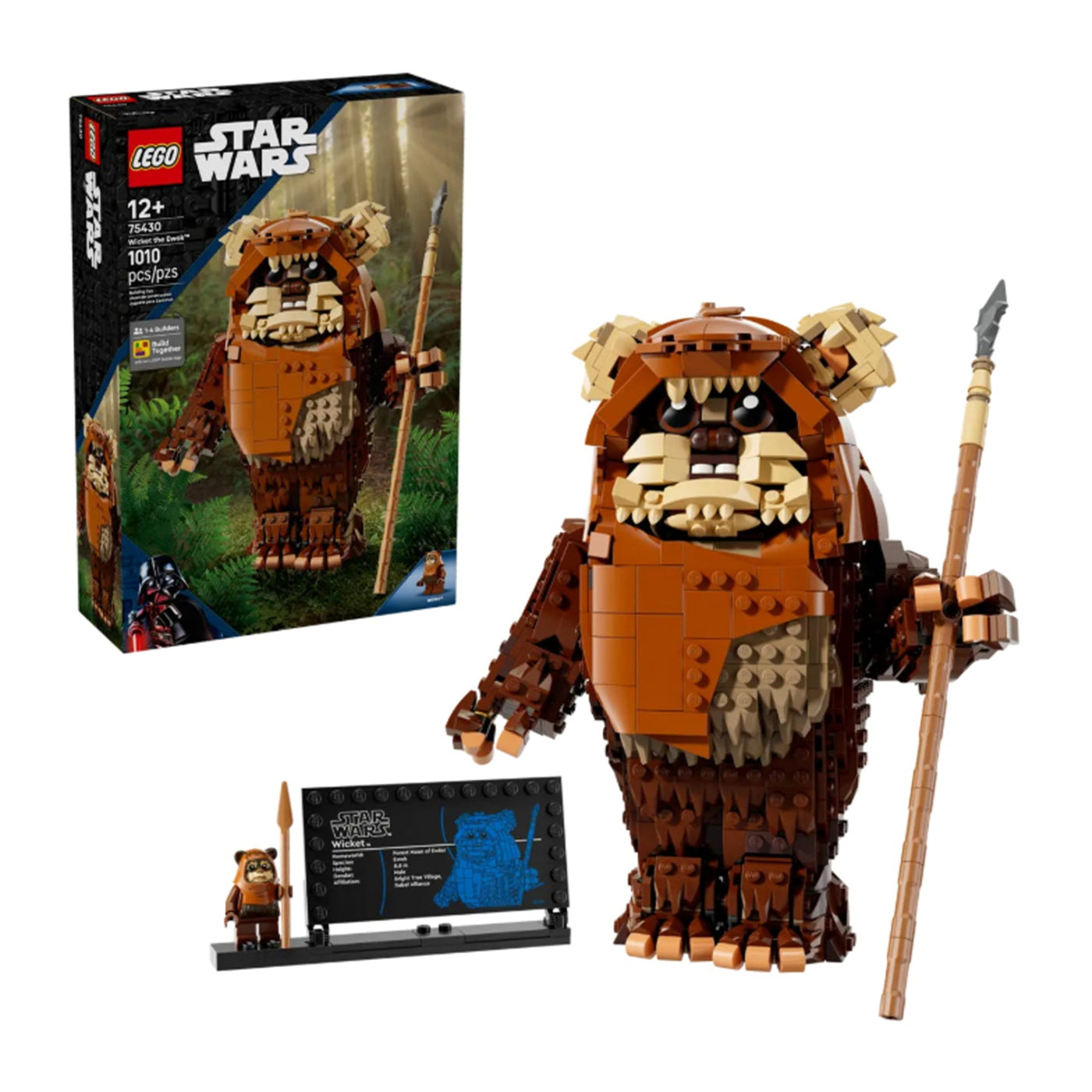 Wicket™ l'Ewok visione con prospettiva laterale del set lego costruito con scatola di sfondo