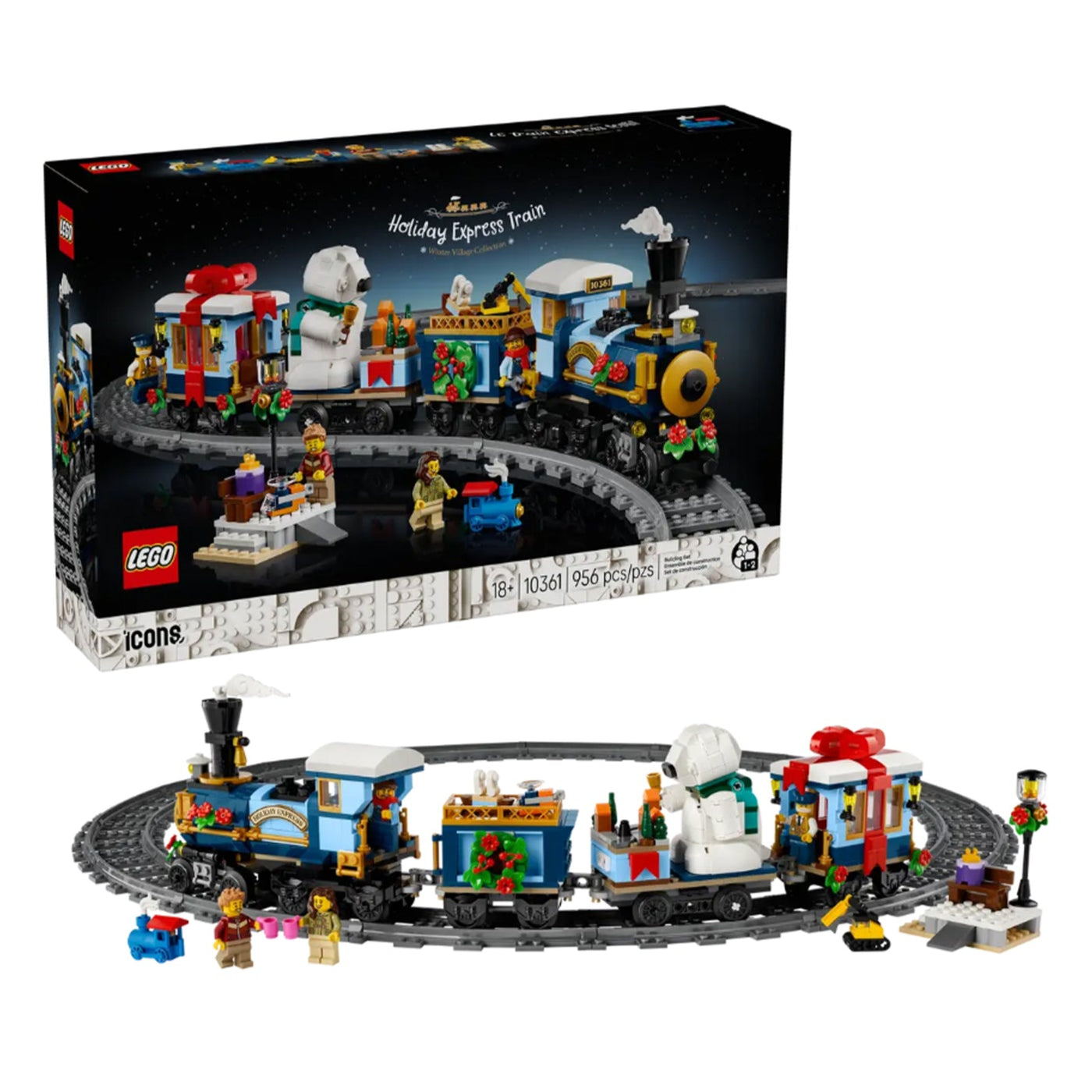 Treno espresso festivo visione frontale del set lego costruito con scatola di sfondo