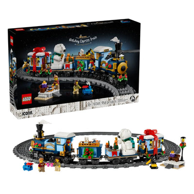 Treno espresso festivo visione frontale del set lego costruito con scatola di sfondo