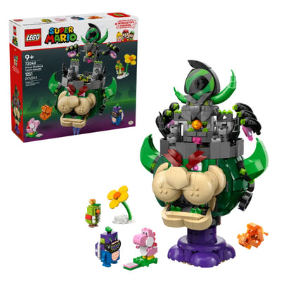 Principe Florian e Bowser castello visione con prospettiva laterale del set lego costruito con scatola di sfondo