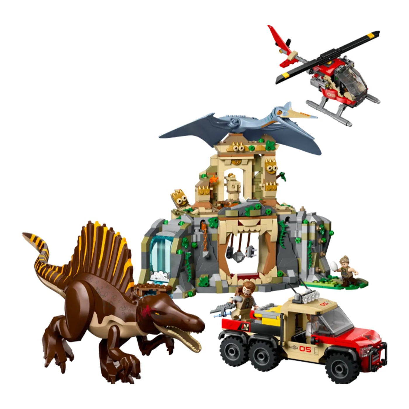 Missione aerea con Spinosauro e Quetzalcoatlus visione con prospettiva laterale del set lego costruito