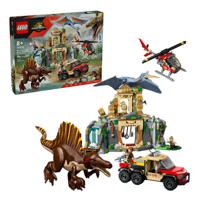 Missione aerea con Spinosauro e Quetzalcoatlus visione con prospettiva laterale del set lego costruito e scatola di sfondo