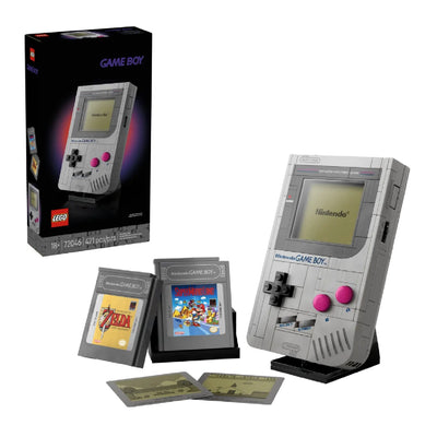 Game Boy™ visione con prospettiva laterale del set lego costruito con scatola di sfondo