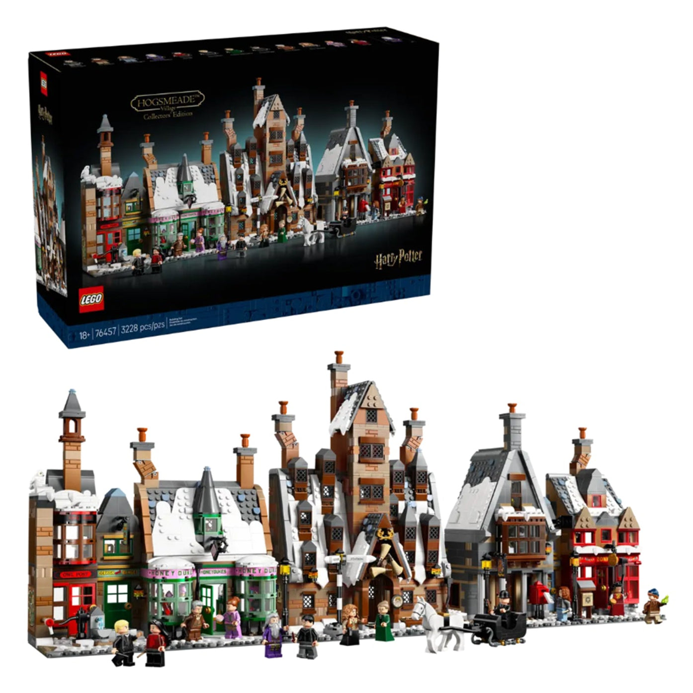 Villaggio di Hogsmeade™ – Edizione del Collezionista visione con prospettiva laterale del set lego costruito con scatola di sfondo