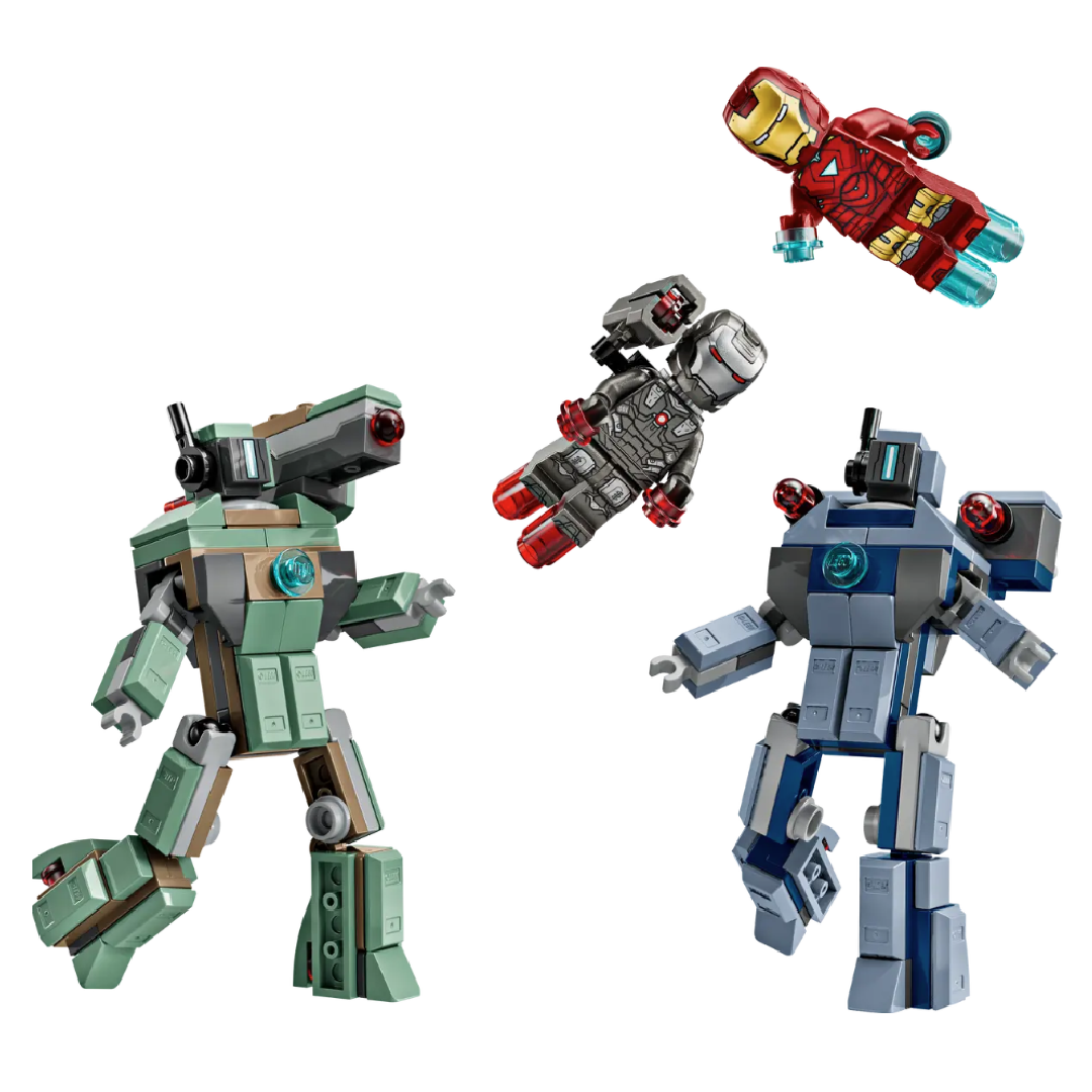 Iron Man e War Machine contro i droni di Hammer visione frontale del set lego costruito