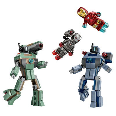 Iron Man e War Machine contro i droni di Hammer visione frontale del set lego costruito