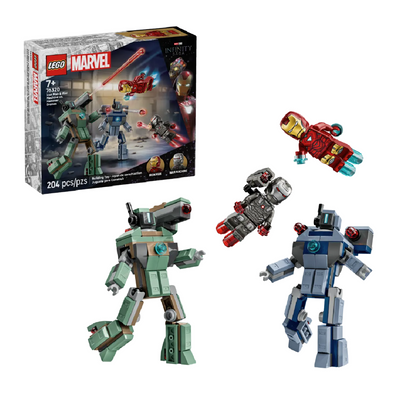 Iron Man e War Machine contro i droni di Hammer visione frontale del set lego costruito con scatola di confezione di sfondo