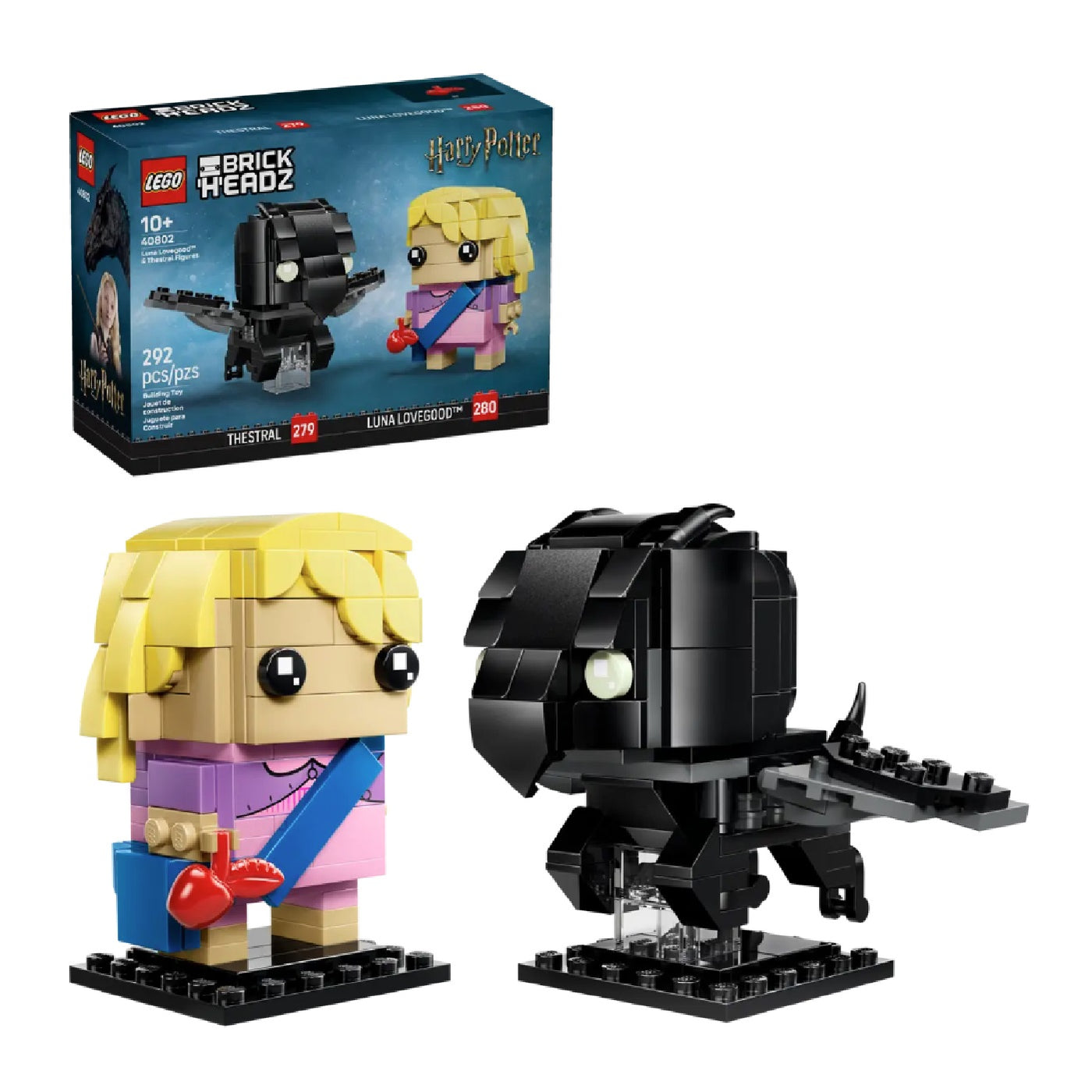 Personaggi di Luna Lovegood™ e di Thestral visione con prospettiva laterale del set lego costruito con scatola di sfondo