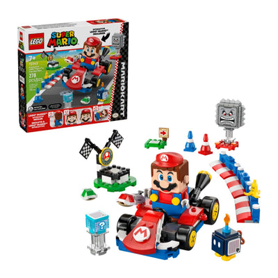 Mario Kart™ – LEGO® Mario™ interattivo e Kart standard visione con prospettiva laterale del set lego costruito con scatola di sfondo