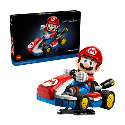 Mario Kart™: Mario e Kart standard visione con prospettiva laterale del set lego costruito con scatola di sfondo