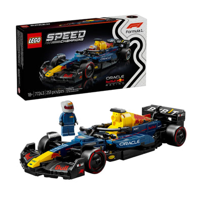 Auto da corsa F1® Oracle Red Bull Racing RB20 visione con prospettiva laterale del set lego costruito con scatola di sfondo